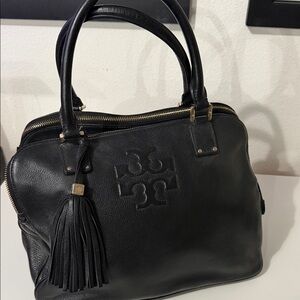 Tory Burch Black Leather Satchel with Tassel Logo